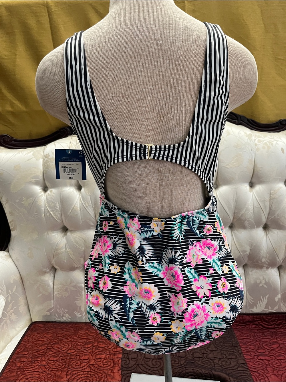 Arizona Black & White Striped Floral One-Piece Swimsuit - Picture 4 of 5